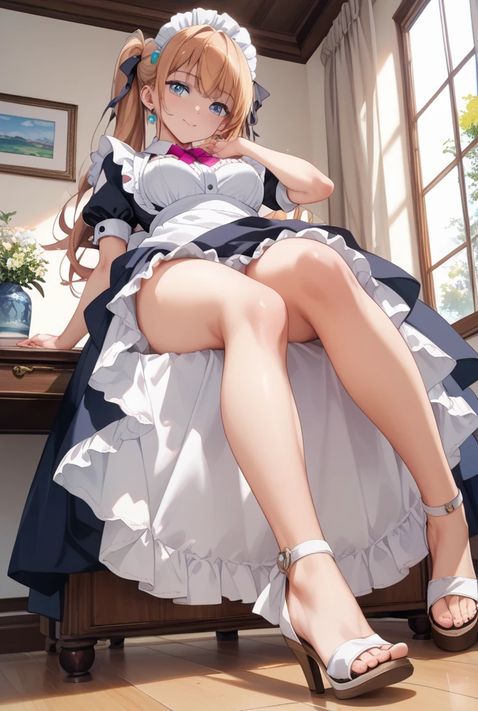 1girl, apron, bangs, bare legs, barefoot, black dress, blonde hair, blurry, blush, breasts, clothes lift, dress, dress lift, frills, from below, indoors, lamp, lifted by self, long hair, long sleeves, looking at viewer, maid, maid apron, maid headdress, medium breasts, open mouth, puffy sleeves, purple eyes, skirt lift, smile, solo, thighs, white apron, solution_epsilon, <lora:Solution Epsilon v1_1:0.6>, insane, maniac, evil smile, evil eyes, yandere, yandere trance, stalking,