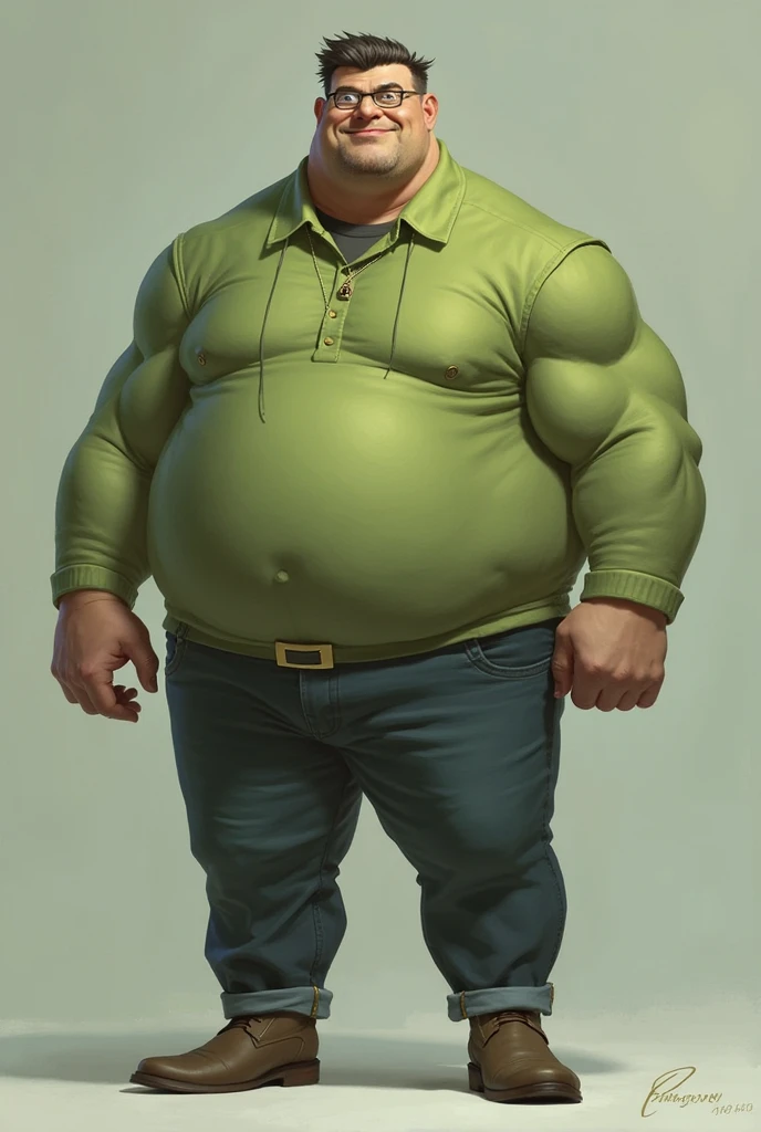side view of a man, fat, wearing a green sweater, brown pants, no background