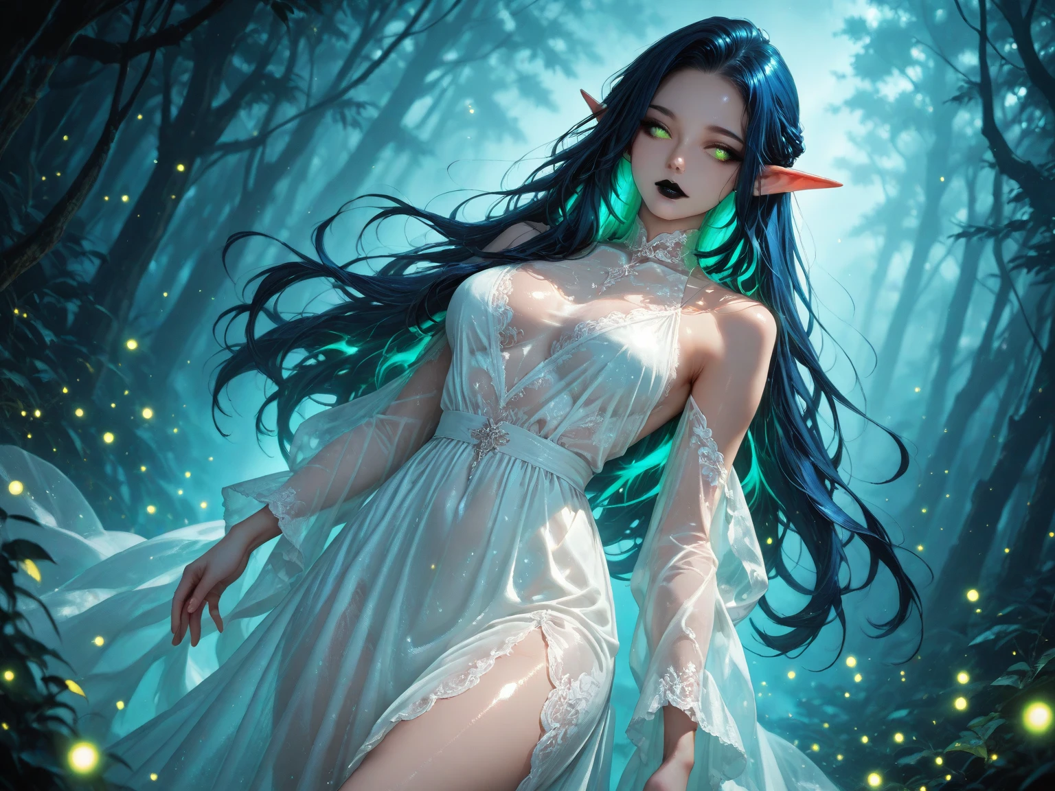 A sultry succubus navigating through a mystical forest of luminescent flora, moonbeams illuminating her path, emanating an enchanting glow, while captivating creatures observe her from the foliage,Photographic,