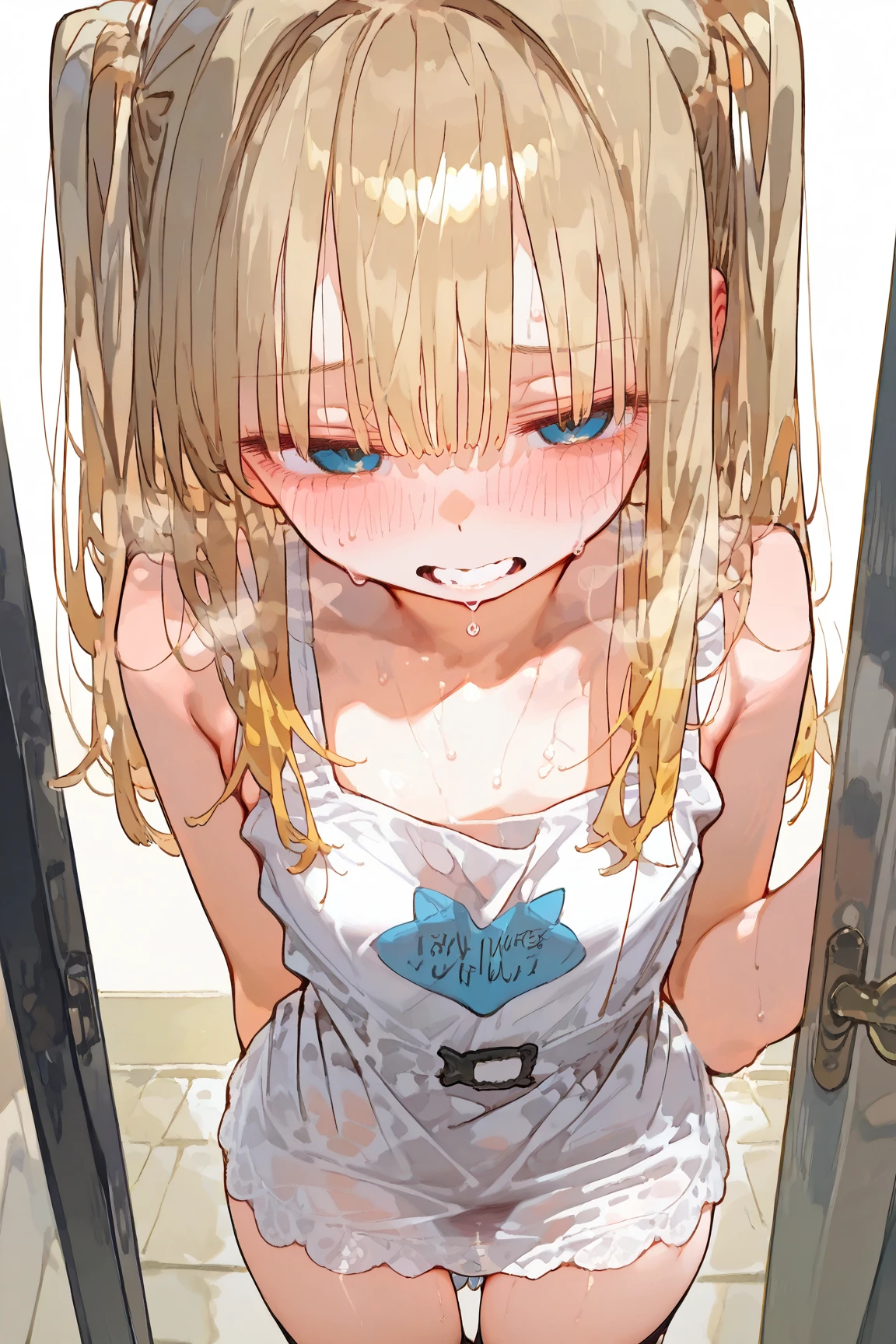 nsfw,(Petite),(A cute boy),blonde low twintails,lips,(Handjob voyeur),Sweat,White Breath,Audience peering from above,On all fours,(Drooling),camisole,((Mouth overflowing with sperm))