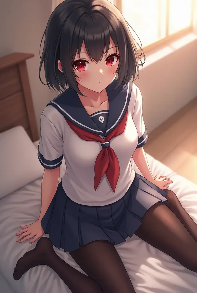 (masterpiece: 1.3、Highest quality、Ultra-high resolution、Very detailed)、(Real、Photorealistic: 1.4)、Beautiful illustrations、Perfect lighting、Natural light、Depth of the Boundary、Beautifully detailed hair、Beautifully detailed face、Beautiful details、Beautiful body、Firm chest、Beautiful thighs、Beautiful legs、Beautiful Hands、Show to the viewer、((((One Girl))))、Very cute girl、(Perfect Anatomy、Anatomically correct)、Cute and symmetrical face、Baby Face、Perfect Face、Perfect Eyes、Shiny skin、((On the bed))、((Sailor suit))、(((女子school uniform)))、((25-year-old woman))、((Short black hair、Thin bangs))、((非常にLarge Breasts))、(((Large Breasts)))、Real、(live-action、Exquisite details))、(((school uniform)))、((Big black eyes))、((Wearing pantyhose)）、((Cool Beauty))、Cowboy Shot