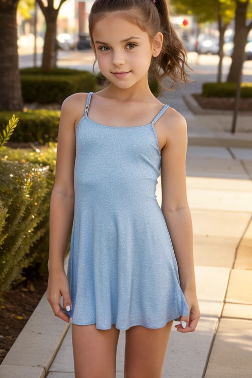 7 year old girl, brown hair, wearing a blue dress, bare shoulders, in a backyard garden
