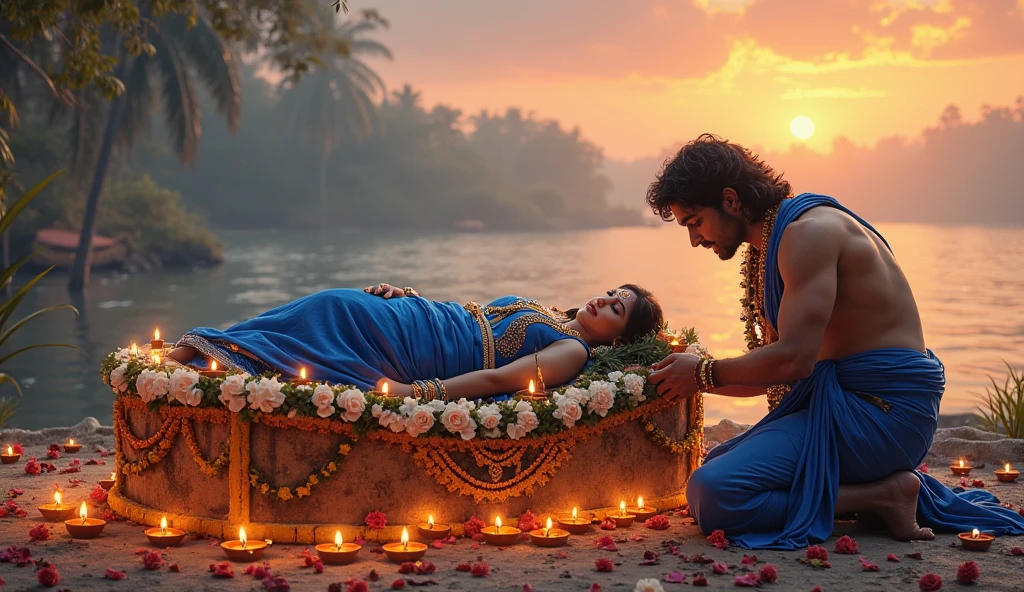 In primitive era, the handsome beautiful man, wearing leaves,  fell down on the flower-strewn sand with an arrow pierced through his chest, died. And   the stunningly beautiful woman, wearing flowers and leaves as dress, crying and looking forward to the hunter man , who thrown the arrow, before them. Evening sun flourish in the background. River bank
 3D Pixar cartoon, HD, HDR, 8k. As... ratio 16.
