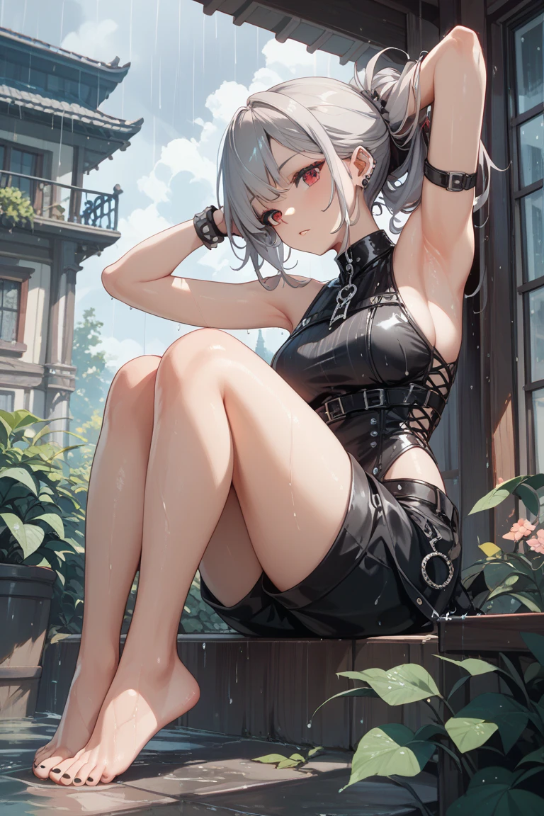 (((Masterpiece))), (portrait), white hair, diffused light, dynamic shadows, sharp focus, realistic, detailed, highres, absurdres, white background, (boobsqueeze), looking to the side, t-shirt, no bra, photorealistic, lifelike, wet, lips apart, (submissive squatting), armpits, dynamic motion