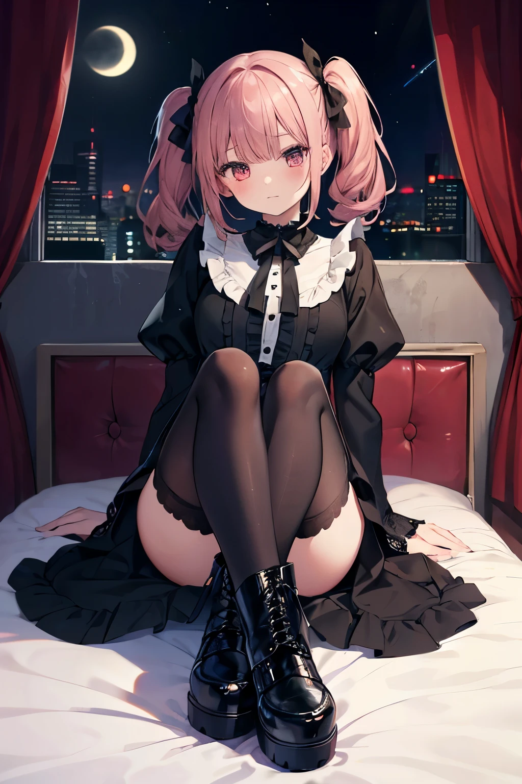 Young girl with pink hair, long twintail hairstyle, small bushy eyebrows, wearing gothic lolita clothes, lolicon (Zankuro) drawing style by zankuro artist, Zancrow style, image uploaded in R34, walking in the mall, flirty smile , suddenly having ??? in public, sitting on your side ((public ??? in a restaurant)) ((lying on her side))