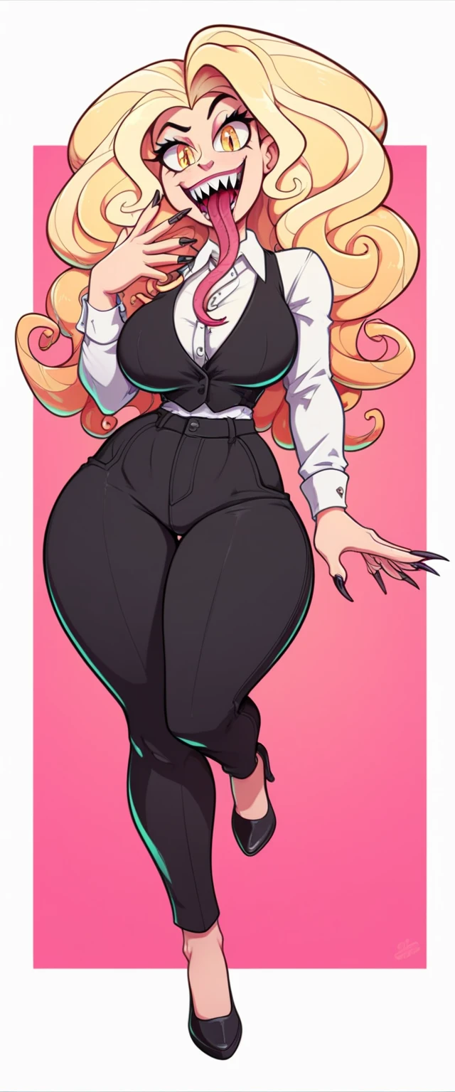 A tall girl, sexy, beautiful, big breast, attractive, sensual, long curly blonde hair, her yellow eye, pink lip, she wears a red office shirt, under a black vest and a black metallic pants, with a large thigh, black heel.