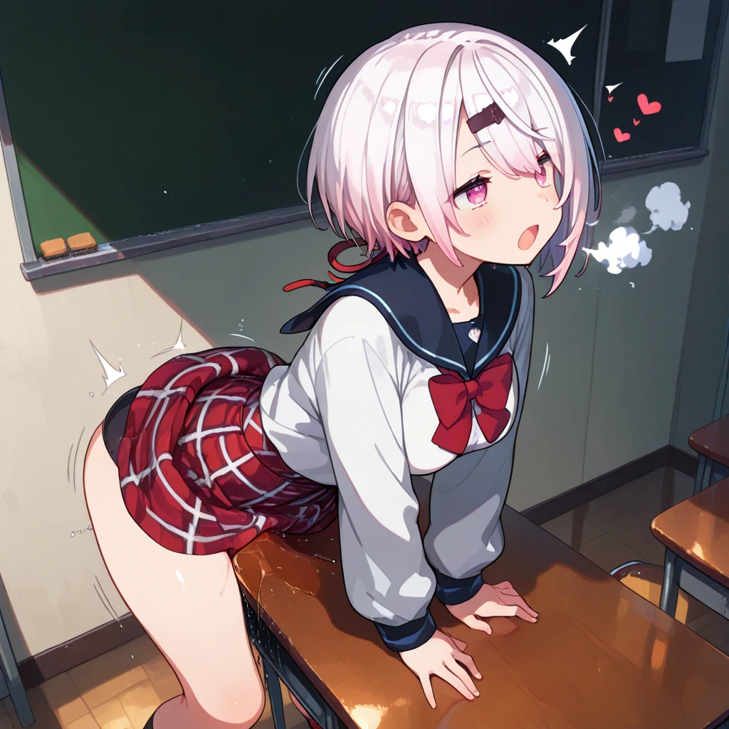 NSFW,masterpiece,Highest quality,High resolution,Very detailed,Joan of Arc Horta Santa Lily\(Fate/grandorder\),Gray Hair,Headpiece,Golden Eyes,Small breasts,school uniform,Dress shirt,ribbon,Checked mini skirt,Knee socks,Nightlife,Love Hotel