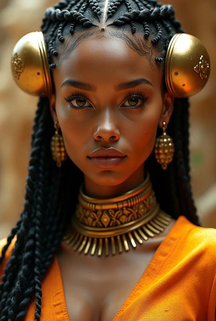 beautiful african goddess, luxuriant afro-textured messed rainbow hair, dark skin, heterochromia eyes, really curly hair, round belly voluptuous body, extreme tanned skin, extreme long black straight hair messes over naked boobs, huge chocolate headdress, big cheeks, long legs, curvy, chocolate and golden breast painting, breast painted golden and chocolate, indigenous golden and chocolate facial painting