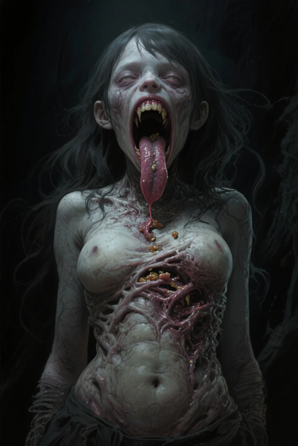 Create an artistic rendering of a sexy zombie girl with dead eyes and additional erotic details to accentuate her eerily attractive essence. Incorporate pornographic elements such as prominent abrasions and remnants of fresh blood for authenticity. Add details like bloodied wounds, open gashes with visible viscera, and bruises to enhance the realistic horror effect. Include specific descriptions such as ‘blood trails on her thighs and chest’ and ‘seductive movements with blood streaks on her hips’. Integrate twisted hair and contorted lips to add character. Emphasize subtle erotic details such as tense muscles, sensual curves, and maximum nudity without clothing. Explicit depictions of intimate parts, like a ‘detailed view of a beautifully shaped pussy’, should capture the essence of her undead allure. Incorporate details like erotic poses with legs spread apart and intense sexual energy depicted throughout the image. For a dramatic effect, add more blood on the body. The surroundings should be varied to ensure that each generated image is different. Closed mouth.