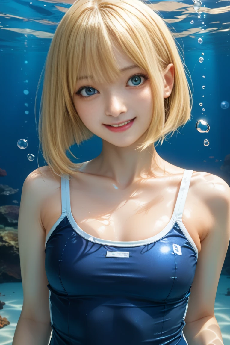 A short blonde anime girl wearing a blue one piece swimsuit,diving underwater