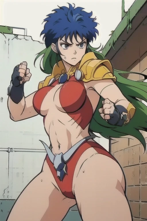masterpiece, Highest quality, Tifa、Red Hair, Great muscular woman, Bigger breasts than face、Red Small Bikini、sword、abdomen, View your viewers, Open your mouth, Sticking out tongue、A very happy face、Rock layers, Standing with your legs apart、Are standing、The whole body is depressed、Heel drop on rock、Roundhouse kick、Open your legs、180° leg split、Raise your hands to the sky、The bulging muscles are dazzling
