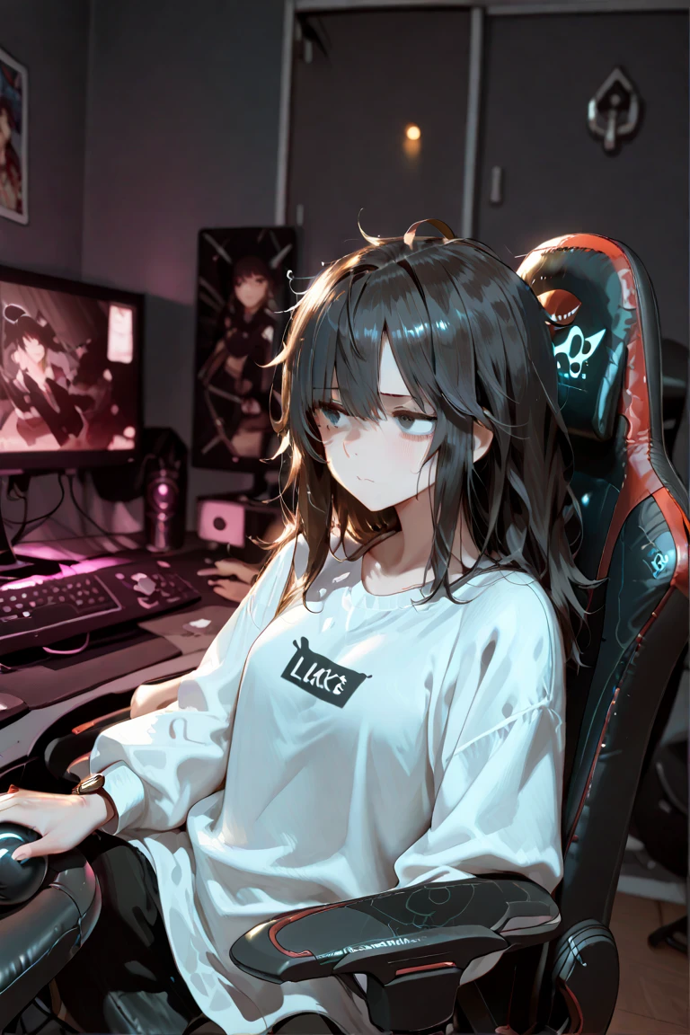 Realistic, ultra HD, playing mobile legend games on the computer, male, wearing a sweater with MFS written on it, wearing headphones, accompanied by a beautiful woman
