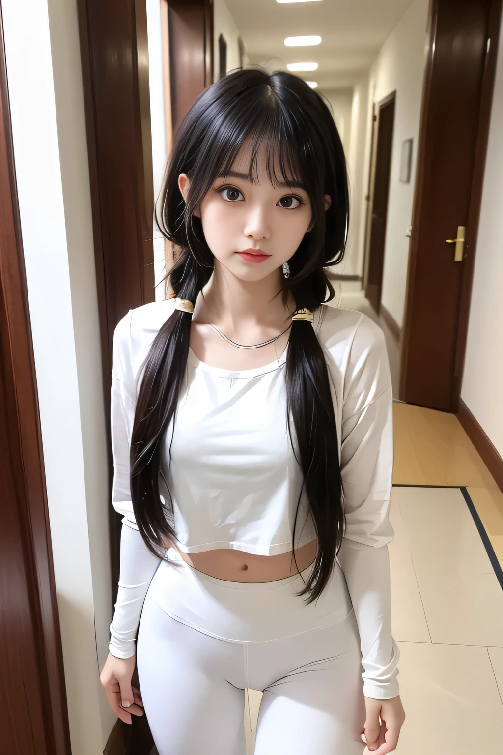 Optimal,masterpiece, solos,( upper body), cute face,, ((dark haired;1.5))、((twin tails))、Hairline,Long Lashes,white skin,((shooting from the front:1.5)), (standing in the hallway), ((I'm wearing a kusari kabira:1.5)), ((white yoga pants)), (through clothes), Rocket , ((big :1.2)),