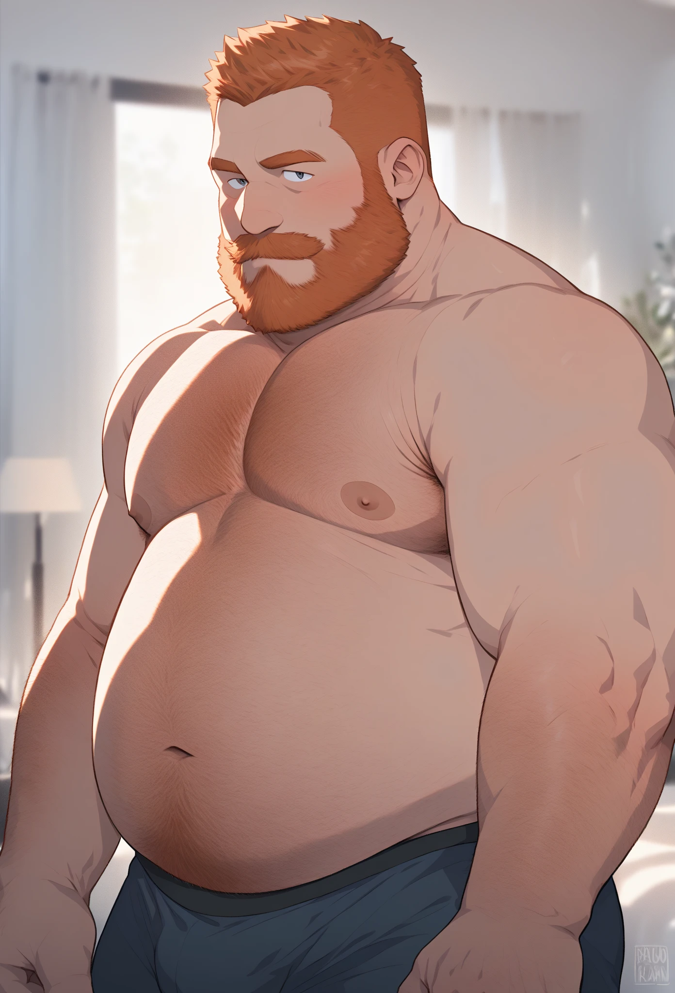 very hairy, rugged ginger daddy flexing his arms ((Sweaty)) ((Hairy)) ((Thick, full, curly ginger body hair all over)) ((Thick, excessive ginger chest hair)) ((Curly, full chest and torso hair)) ((Thick, full, ginger happy trail of hair all over his abs)) ((Late 40s)) ((Extremely handsome)) ((Square jaw)) ((Sweating)) ((Smiling menacingly)) ((wearing black underwear)) ((black briefs)) ((Excessive ginger body hair)) ((Buzz cut)) ((Extremely realistic)) ((Seductive glare)) ((Unibrow)) ((ginger unibrow)) ((caveman brow bone)) ((ginger handlebar moustache)) ((head to toe)) ((full body)) ((hairier)) ((more hair)) ((ape)) ((more body hair)) ((extreme body hair)) ((fur)) ((dad bod)) ((ginger)) ((black briefs)) ((underwear)) ((thick, ginger armpit hair)) ((clothed)) ((flexing arms)) ((flexing biceps)) ((buzz cut)) ((buzz cut)) ((older)) ((buzzed head)) ((no beard)) ((moustache only)) ((shaved chin)) ((gut)) ((beer gut)) ((dad bod)) ((pregnant))