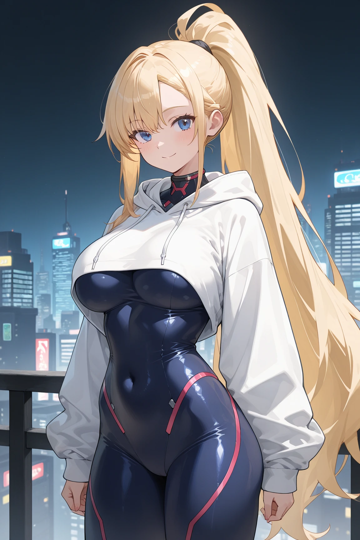 woman,14 years old,,city,night,(((white and blue tight miniskirt bodysuit))),,open mouth smile((See-through))(((glasses))),((beautiful long ponytail)),(()),blush、surprised face,((())),((blonde))(((On the way to changing clothes)))(((While taking off my clothes)))