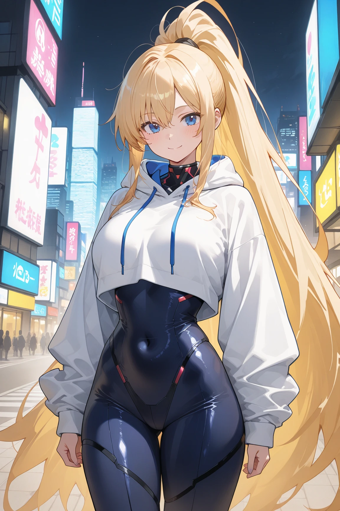 masterpiece, best quality, samus aran, ponytail, hair tie, blue hoodie, black sweatpants, full body shot, large breasts, huge round full breasts, looking at viewer, excited grin, city background, sensual pose,