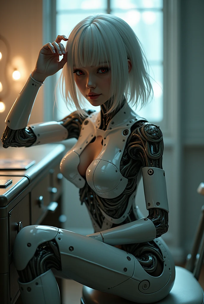 (((Masterpiece))), ((Best Quality)), ((Super Detailed)), (CG illustration), ((Extremely delicate and beautiful)), (from the side), Cinematic light, (((1 mechanical girl)), single, front, whole body, breast, ( machine-made joints: 1.2), ((mechanical limbs)), (blood vessels connected to tubes), (mechanical spine attached to the back), ((mechanical cervical vertebrae attached to the neck)), (sitting), expressionless, high cold, (wires and cables around the neck: 1.2), (wires and cables on the head: 1.2) (character focused), sci-fi, extremely thin, colorful, thinnest