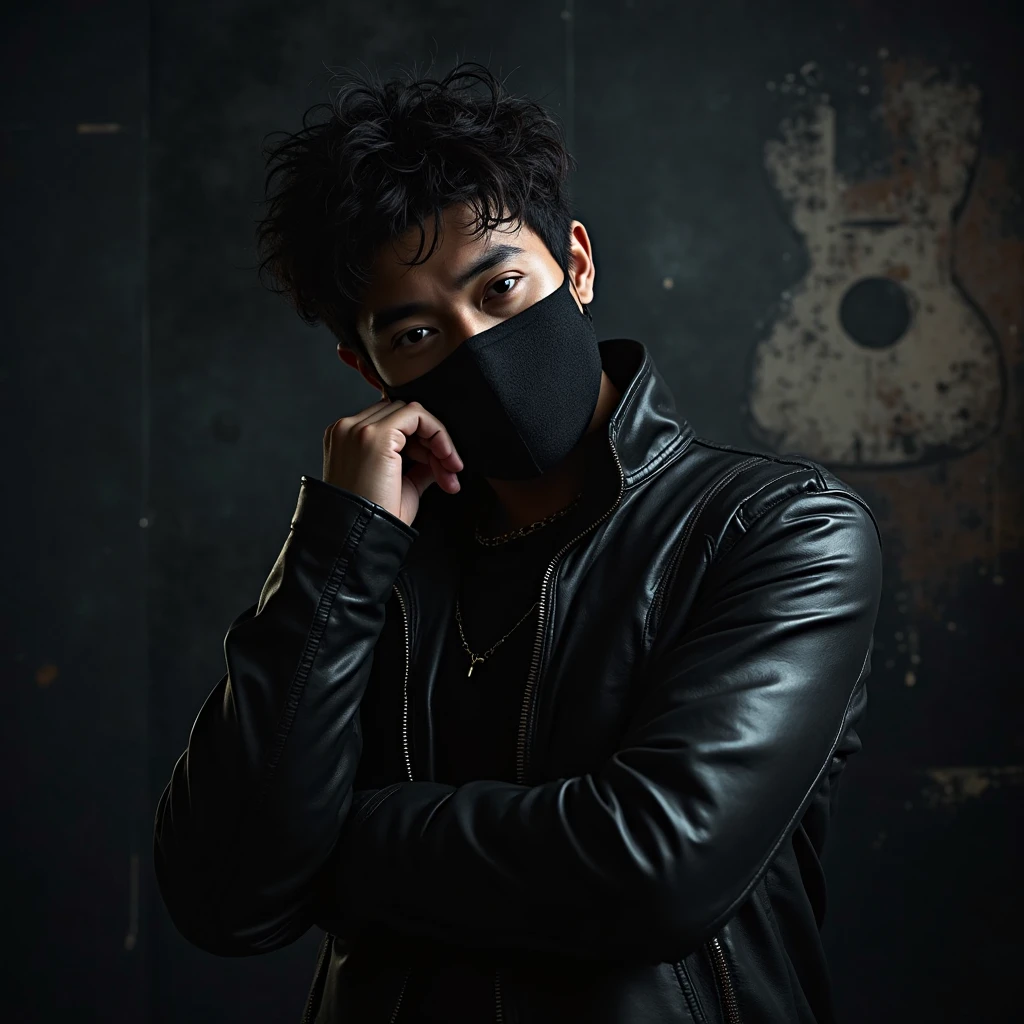A mysterious male singer named JK wearing a stylish mask, posing confidently in a moody, artistic studio setting. He is dressed in a modern, edgy outfit — like a leather jacket or stylish streetwear — with dramatic lighting highlighting the contours of his face and mask. The background is dark or blurred with subtle musical or abstract elements. The atmosphere is bold, professional, and creative, suitable for a Spotify artist profile.