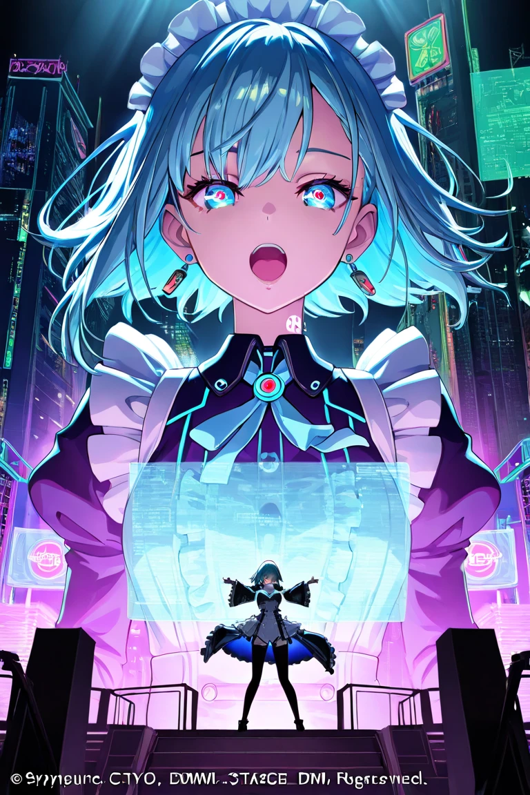 (highest quality:1.2, 4K, 8k, Studio Anime, Very detailed, up to date, Vibrant, High detail, High Contrast, masterpiece:1.2, highest quality, Best aesthetics), (((1 girl))), Stand and pose, Maid, Maid服, Cyber Suit:1.2, サイバーパンクMaid服:1.4, Bodysuits, Headdress, Frills, Mecha Dress Suit, Blushing:1.2, smile, Dynamic Angle, Dutch Angle:1.3, Friendly atmosphere, Put your hands up, Fun and young々Shii々Cool vibe, Precision and focus, Striking contrast,
