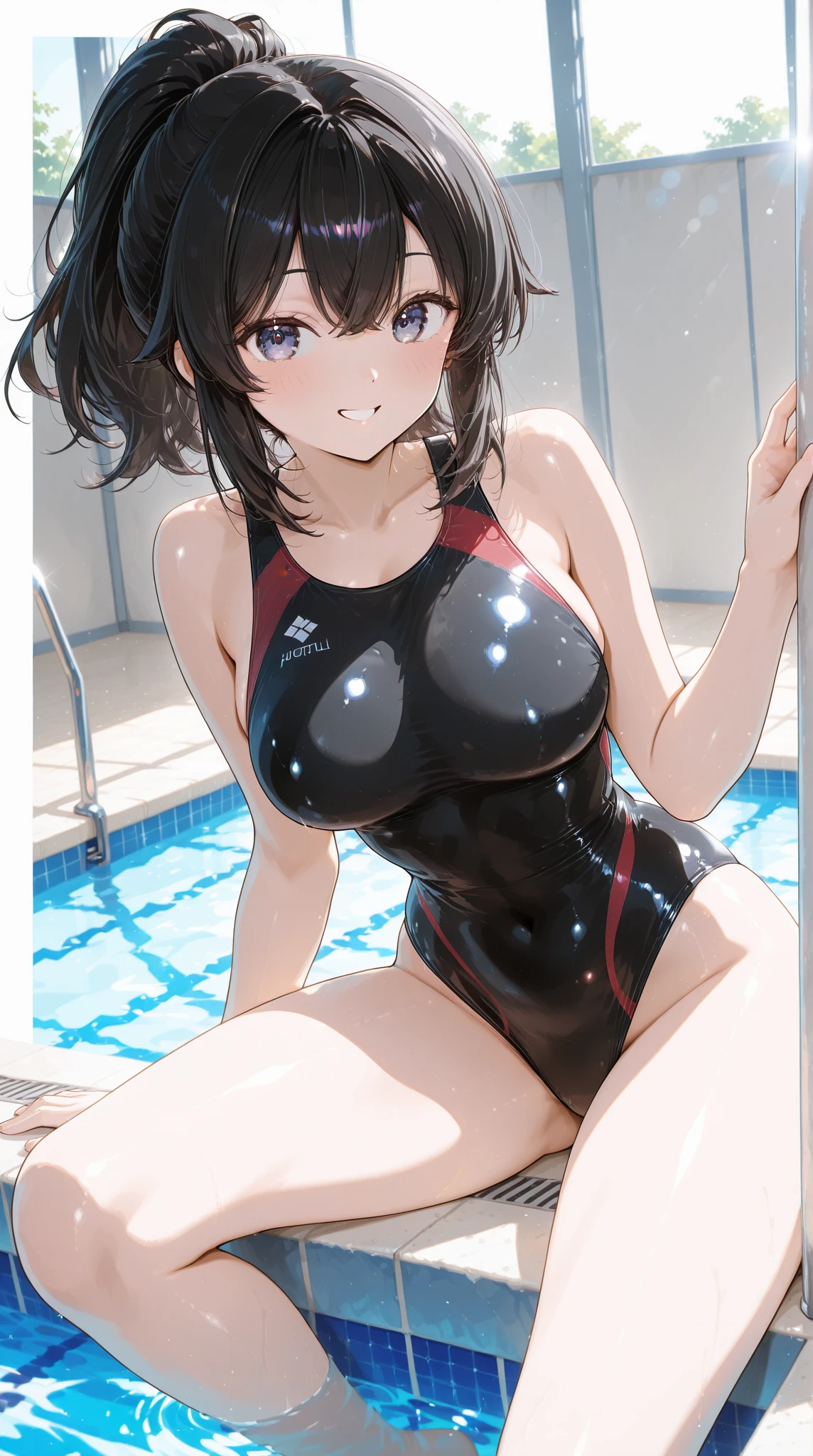 camel toe:1.4、Sweat、vapor、 (((squatting)))、((protruding nipples:1.2)), (((long gloves:1.3)))、brown loafers、black calf length socks、Open your thighs wide to the left and right、show off your crotch to the viewer, ((latex old school swimwear:1.3, spread your legs:1.3, arm behind head ))、12 years old、absurd、bob hair、flat lighting、elevation angle、sexy pose、highest quality、Complex、surreal、perspective, very detailed, detailed background, shape、1 girl、alone、small breasts、light smile, embarrassing, blush, (Poolside), (Sweat),