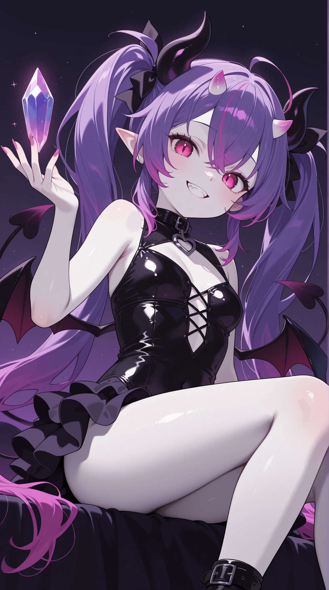 NSFW,masterpiece,Highest quality,High resolution,Very detailed,white\(no game No life\),Small breasts,Multicolored Hair,Gradient Hair,Long Hair,Bad smile,blush,heart,(Succubus),Devil horns,(tail),(wing),High-quality black frill dress,leotard,Fishnet tights,Sexy pose