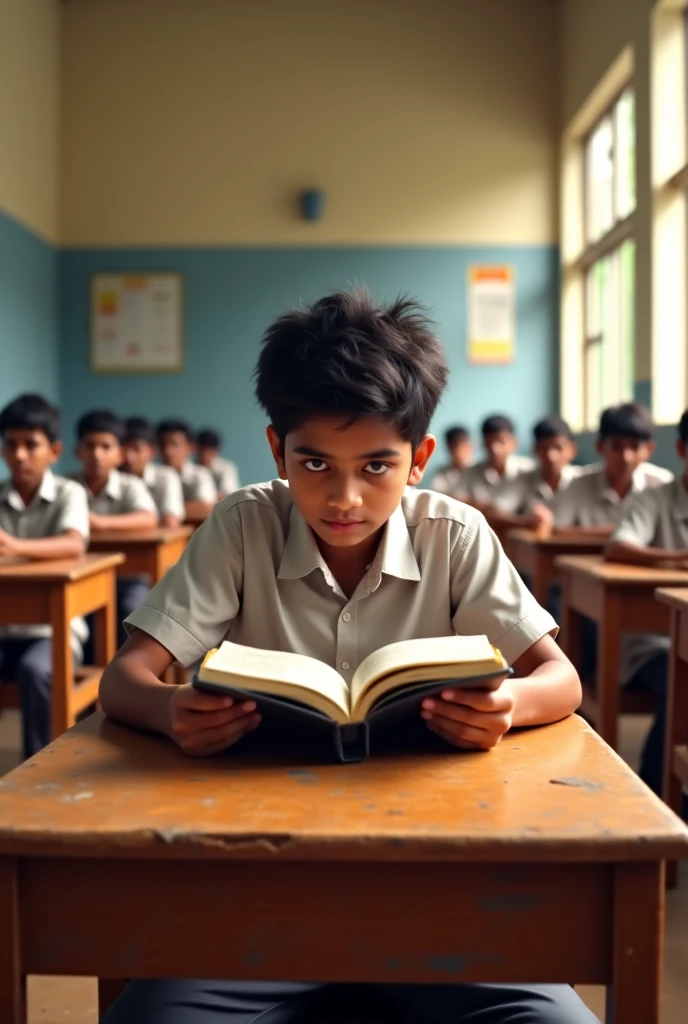 A student is sitting in the exam hall of a school in Bangladesh with the exam questions in hand. He looks very disappointed. There are 15-20 other students behind him. Their faces are not well understood.