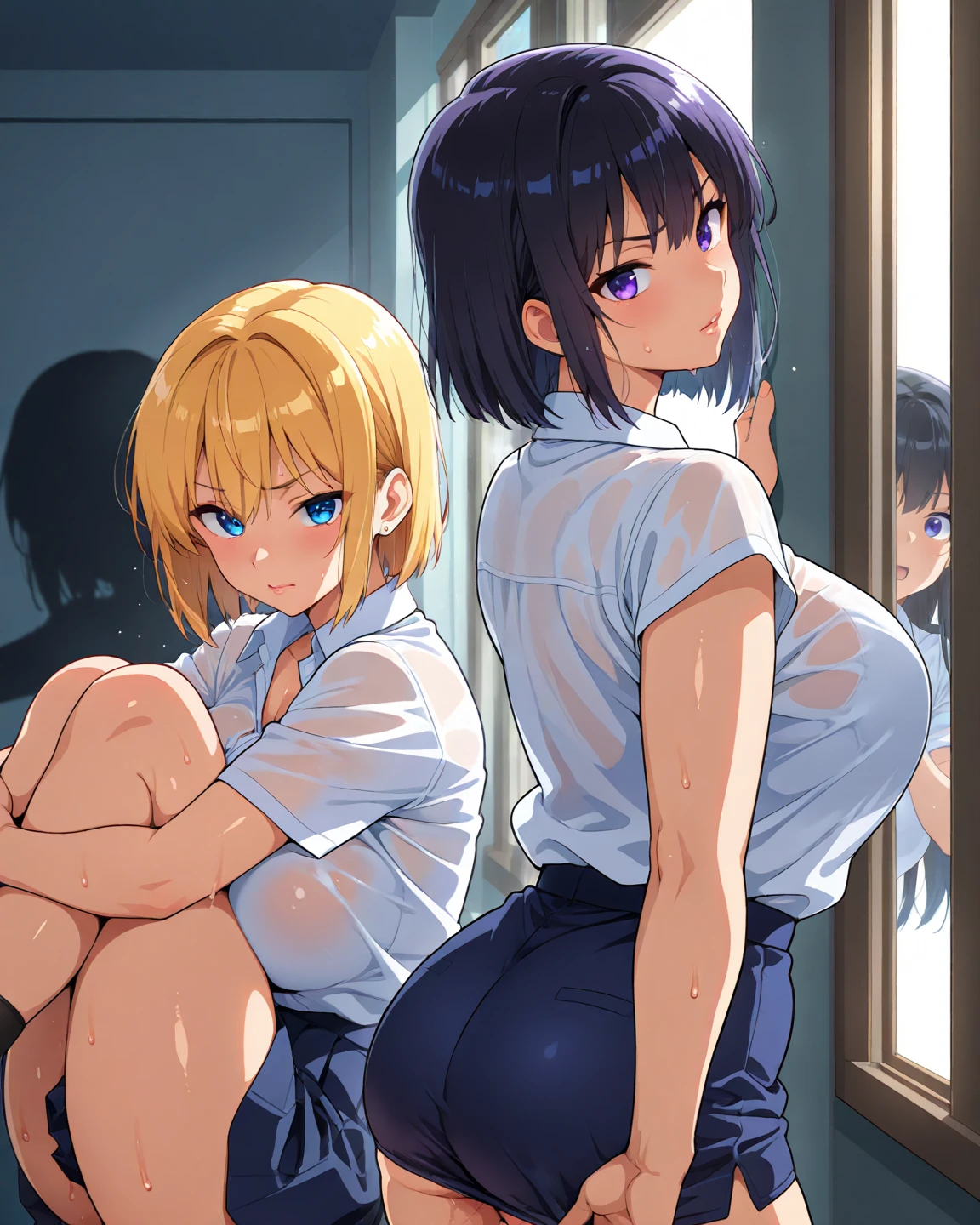 (((Pixel Perfect, Perfect in every detail,nsfw,,clothes lift,large breasts,bitch,1 girl))), alone, One girl, Ruka Sarashina, Blue Ribbon, big , (Camisole), View your viewers, smile, In the room, Are standing
