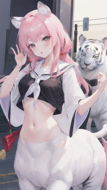 (best quality, masterpiece), 1 girl, centaur, I beg, White skin, Japanese schoolgirl,daughter,black pink, exposing the abdomen, belly button t-shirt , beautiful girl perfect, White tiger photo, 완벽한 White tiger photo
