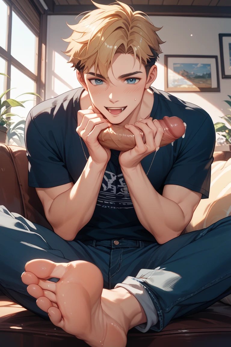 naked children in an erotic room, beautiful, gay, beautiful, handsome, excited boy masturbating and gets so excited that semen comes out, RICO, delicious, pene normal, no furry, DILF Father, naked showing his penis, normal size, gay nude, He has dark brown hair and brown eyes., He wears a white shirt with a small collar, blue jeans and brown loafers., he is talking to his son.