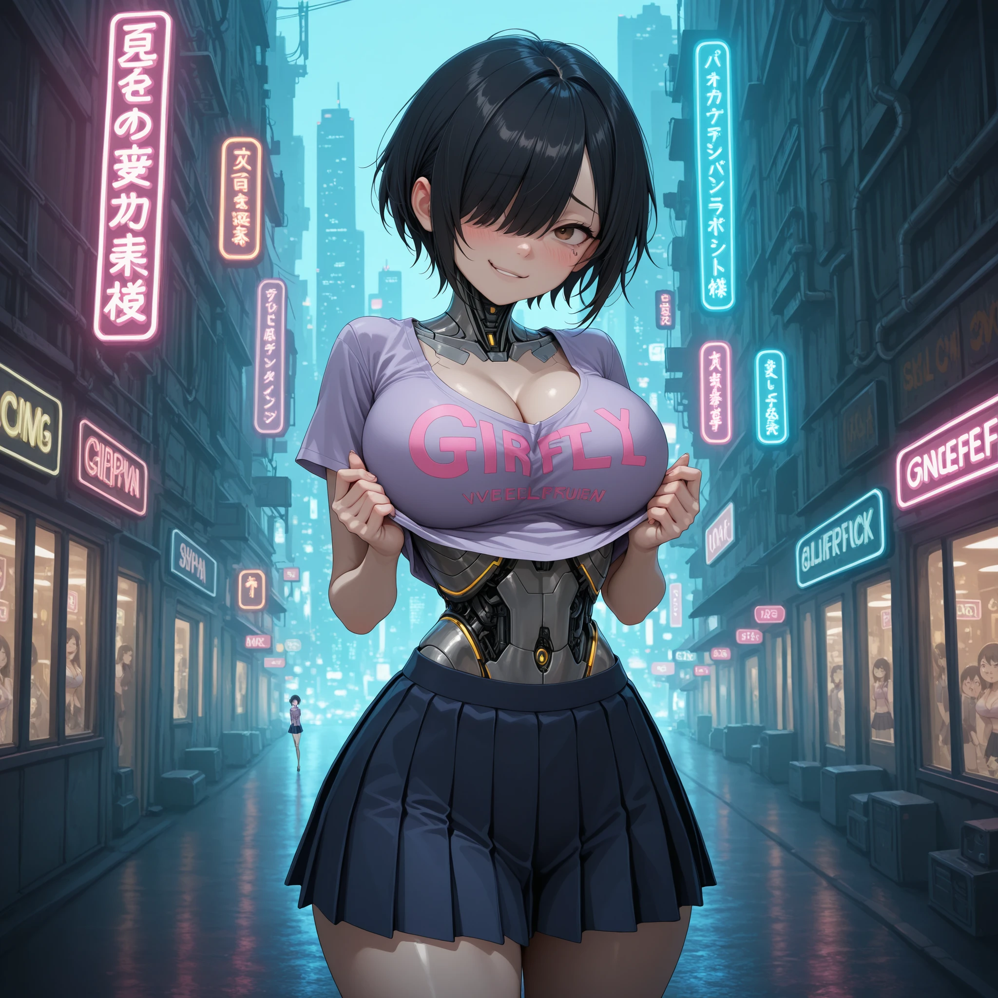 (masterpiece), best quality, expressive eyes, perfect face, (city background), (shy), (smirk), (cleavage view), (1girl), 18+, belle delphine as a robo_girlfriend, fair skin, black hair, short flat hair with long bangs, flat hairstyle, ((hair over one eye)), brown eyes, thin body, skinny body, petite_body, large , huge , oppai, large cleavage, wide hips, thick thighs), ((light_purple on shirt), exposed cleavage, croptop, short sleeve, (pleated skirt)), bmb-fc, highly detailed cyberpunk character, realistic android woman,beautiful humanoid robot, feminine facial features,expressive eyes,soft skin,elegant posture,delicate movements,advanced artificial intelligence,complex circuits,glowing energy lines,sleek metal body,advanced technological implants,futuristic city background,neon lights,gritty industrial environment,cinematic lighting,4k,8k,high resolution,masterpiece,ultra-detailed,physically-based rendering,