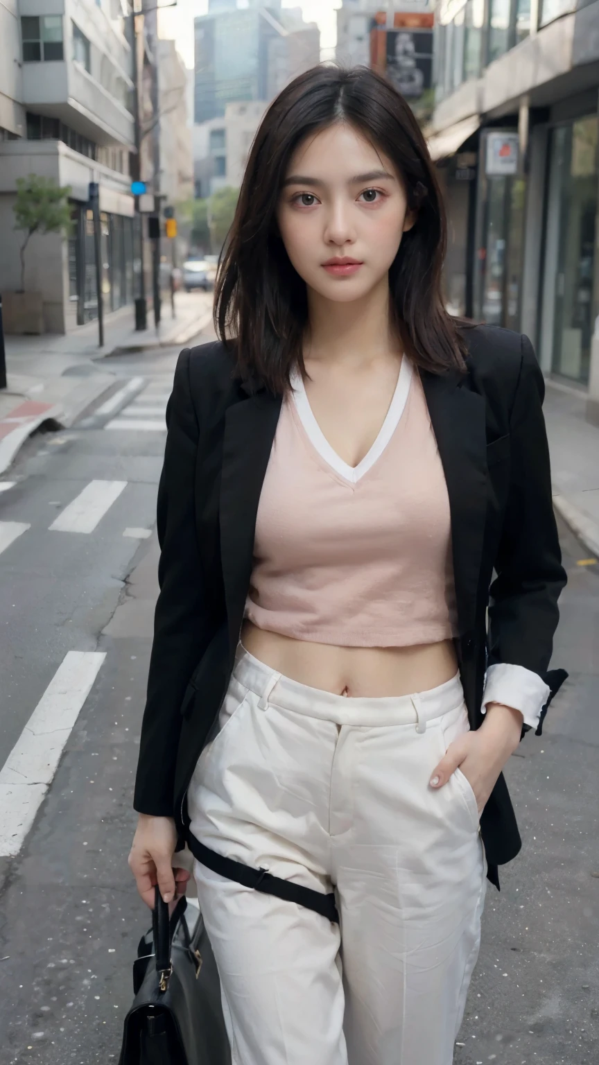 Photo of a 20-year-old woman, Perfect face shape, main part, dressed in, underdressing, for that reason_dressed in, blazer jacket, for that reason_