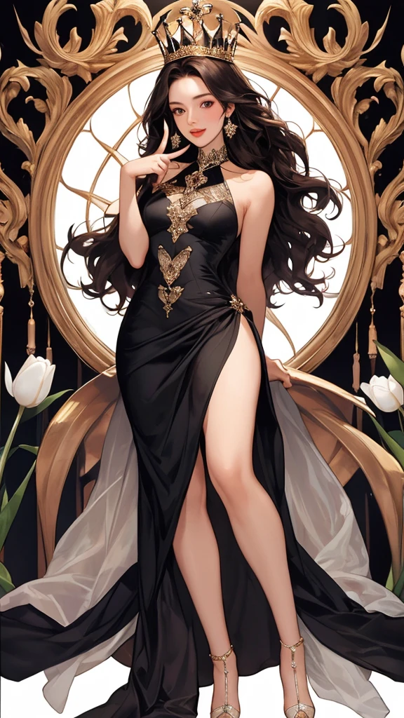 ((masterpiece)),(top quality),(best quality),(((ultra-detailed , 8k quality))), (large masterpiece digital art), (detailed manga ilustration) ,(detailed line art) ,((perfect anatomy)), extremely detailed body, extremely detailed legs, perfect legs, BREAK, Lady wearing a ((long elegant black dress)) with extreme golden details that reveal one leg.