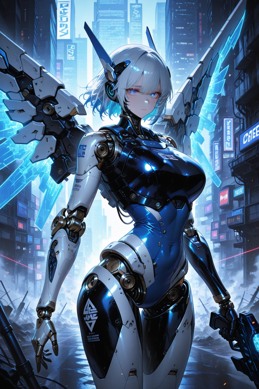 top-quality, tmasterpiece, super A high resolution, (Photorealsitic:1.4), RAW photo, Battle Robot Angel, Large wing made of metal, White porcelain body, Acrylic transparent cover, white hair, glowy skin, 1 Cyborg Girl, (( Super realistic details)),porate,globalillumination,black shadows,octan render,8K,ultrasharp,Character edge light,Colossal tits,Raw skin is exposed in cleavage,Details of complex ornaments,Details of the Twin Zeta Gundam,Hydraulic cylinder,small led lights, highly intricate detail, Realistic light, Radiant eyes, Facing the camera, neon light detail, cow boy shot, Futuristic headgear, Floor plan about the "cyber punk personnage",asian, popular photo