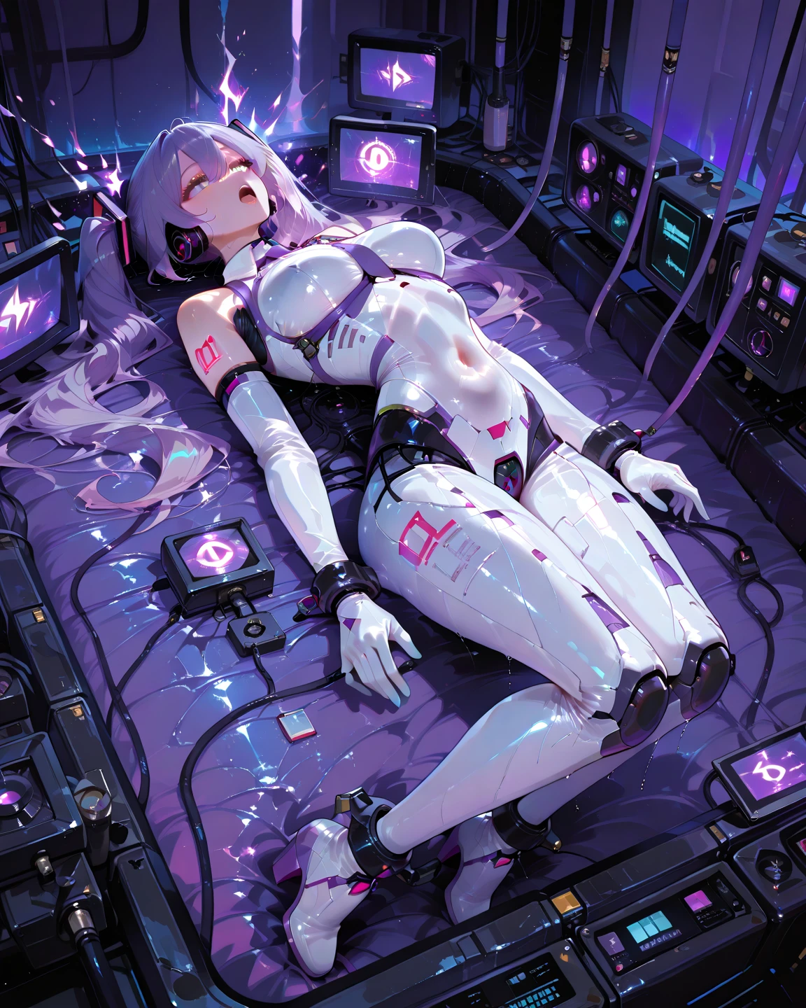 tightsuit,ayanami_Wang,By bangs、Light_Particle、interface_headsed、souryuu_asuka_langley,((( blue hairs,White combat uniform,White tights,looking at viewert, There is light in the eyes,))),(((Light and shadow interlace,white skinned,gigantic cleavage breasts,conservative clothing,Clothes wrapped around the chest,No flesh,The chest is tightly wrapped,Raised ,laughingly,self-assured,Lie down,from back,Plump butt))),Pink glowing clothes,The lighting of the play