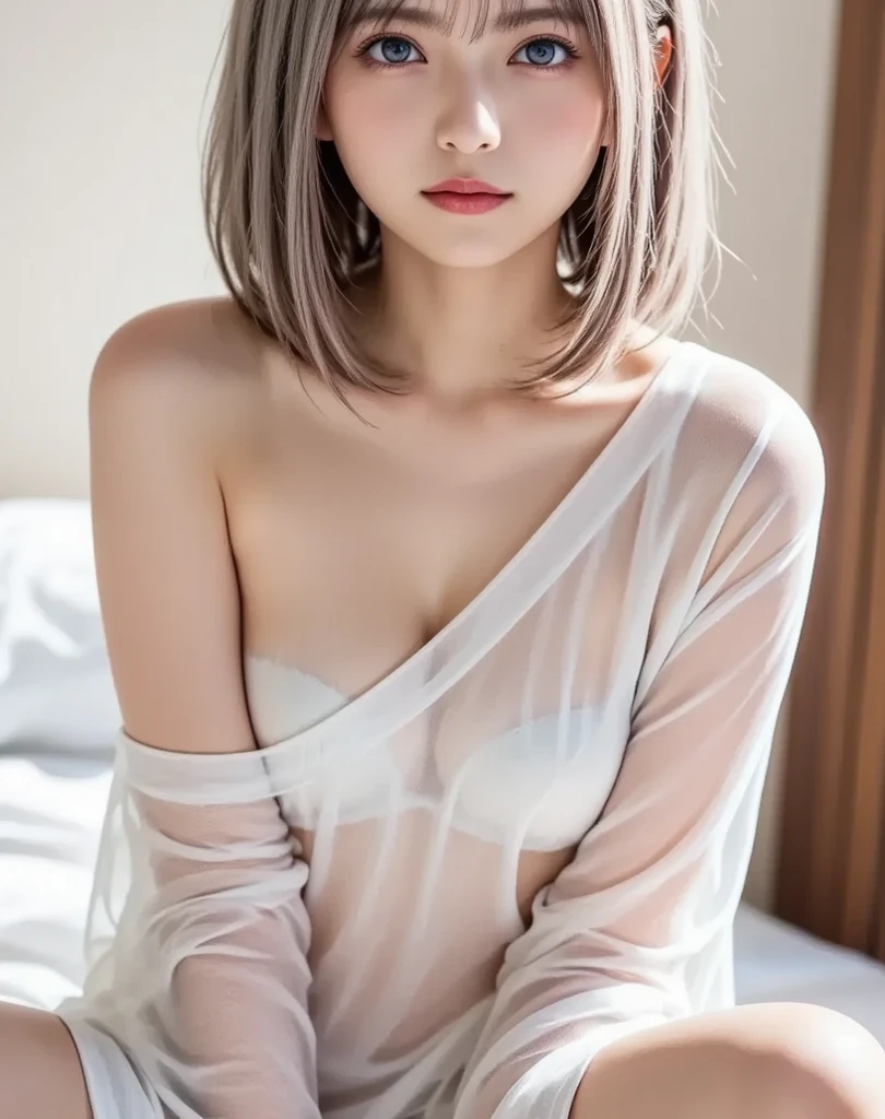 ((best image quality、highest quality、Super high quality 1.5、Super high quality 1.5、32K、In 8K、nffsw、RAW photo、very clear image、very clear image quality、that'It is the real thing like image 1.3))、blue eyes、embarrassing笑い、(ash gray hair)
、 chest、hairpin、High resolution、face with shadow、short hair、alone、Beautiful chest、、skin becomes shiny、、my eyes are moist
、sexy、embarrassing、feverish、Night clothes are white、night shop、clothes are white,<clothes are white>,(clothes are white)、See-through、get up