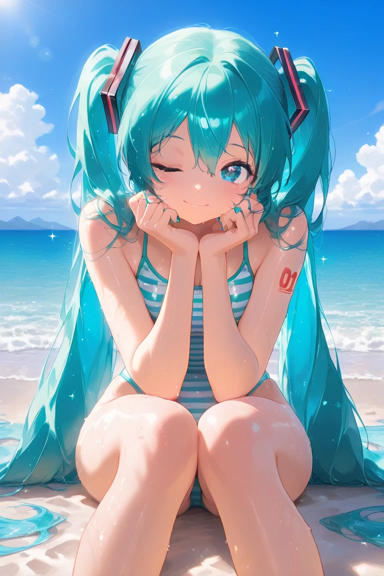Official art、Top quality ultra-detailed CG art、miku hatsune:1.2)、Iridescent hair、lively girl、swim wears、Transcendent Cute、kirakira、blue-sky、Twin-tailed、Ichigo、sand beach