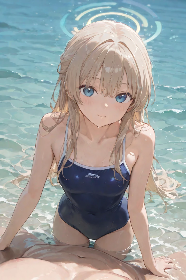 (NSFW:1.1), masterpiece, Highest quality, Ultra-high resolution, Highest Resolution, Very detailed, cowboy shot, very cute, Complete limbs, Shining Eyes, Full Finger, Slender beauty, Blonde Bun Hair, Embarrassed look, Writhing expression, school swimsuit, Glowing Skin, beach, Bubble, Wind
