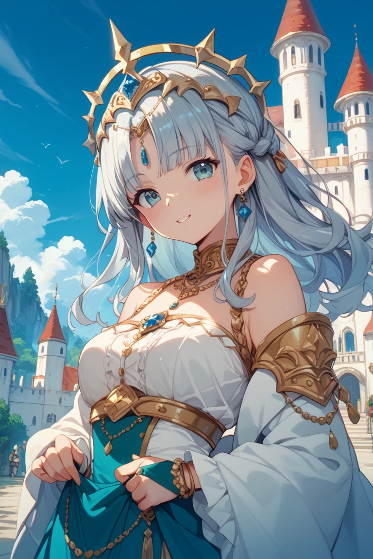 masterpiece, best quality, 8k resolution, sharp focus, intricate detail, beautiful girl, sparkling eyes, golden ratio face, otherworldly liquid, watercolor, pastel colors, bright colors, whimsical, colorful, sharp focus, high resolution, fine detail, princess layered ballgown, ((round eyes)), iridescent bubbles, castle landscape in background