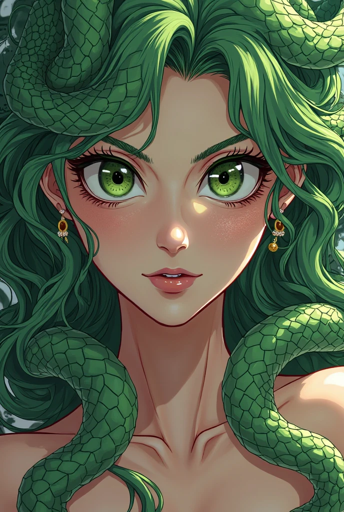 Snake headdress,Anime girl with roses on her head, Animation inspired by Yanjun Cheng, pixiv, Fantasy Art, her many snakes as hair, Digital Anime Illustration, Snake Face Woman, Loish et WLOP, Snake Woman Hybrid, Detailed digital anime art, Anime style illustrations, Popular trends on artstration