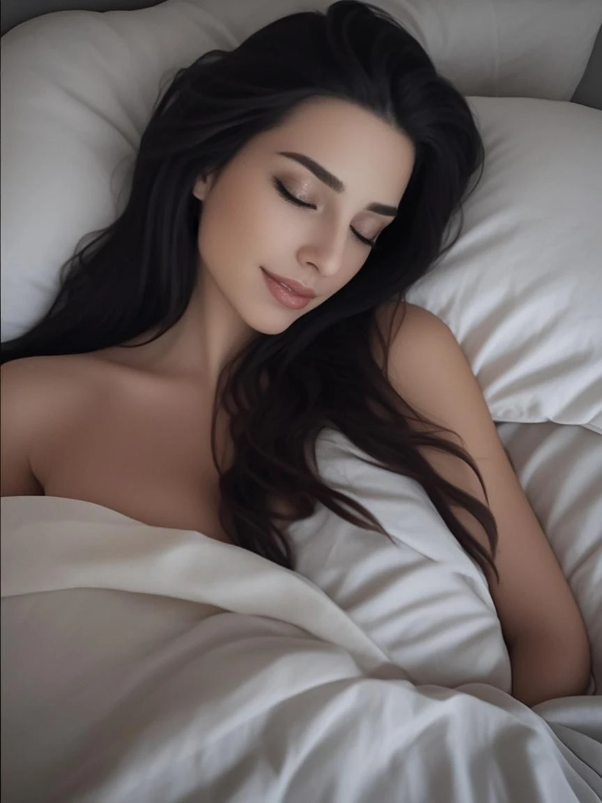 Megan Fox at 20 years old, very long black hair rapunzel straight wavy, curvy body, Brazilian body, blue colored eyes, long and delicate natural nails, mouth with shiny texture,gloss labial transparente,with a cat eyeliner, golden glow. usando cropped top de mangas, white written "The Angels" in blue letters. taking a selfie lying on your back on a white bed, man sucking on her breast
