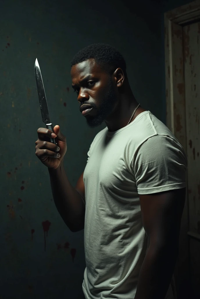 a strong man with defined physique, horror mask, macabre shirtless smile, holding a knife, standing in doorway of room at night, horror movie style illustration, dark moody lighting, dramatic shadows, highly detailed, cinematic, hyper realistic, chiaroscuro lighting, dark subdued colors