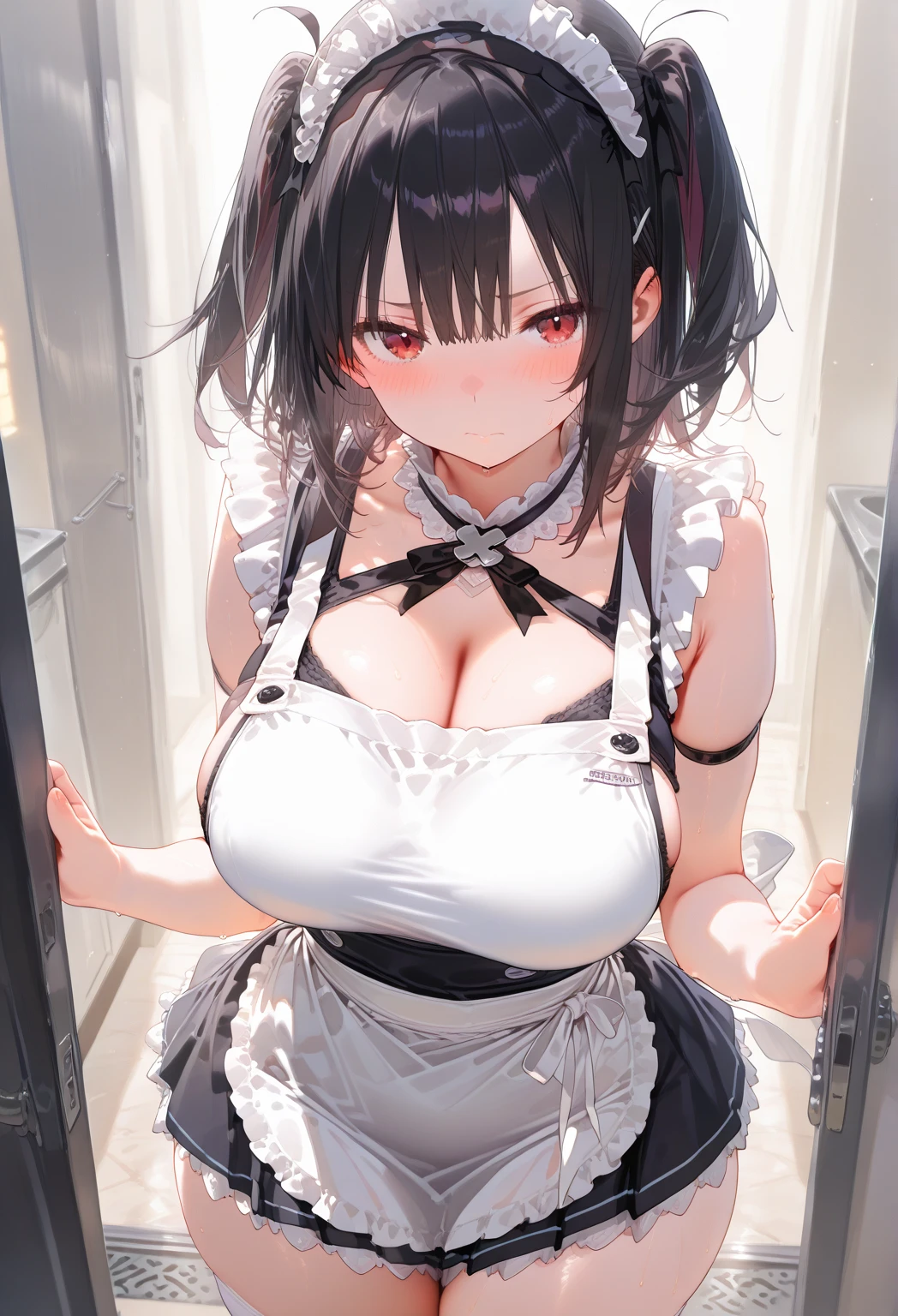 high quality, masterpiece, super detailed, 1 girl, extremely detailed faces,long black hair,Damaged White Bikini,Damaged maid outfit,Maid tiara,handcuffs,collar,charming pink eyes, fox ears, Ridiculously big, shiny skin,Dining room