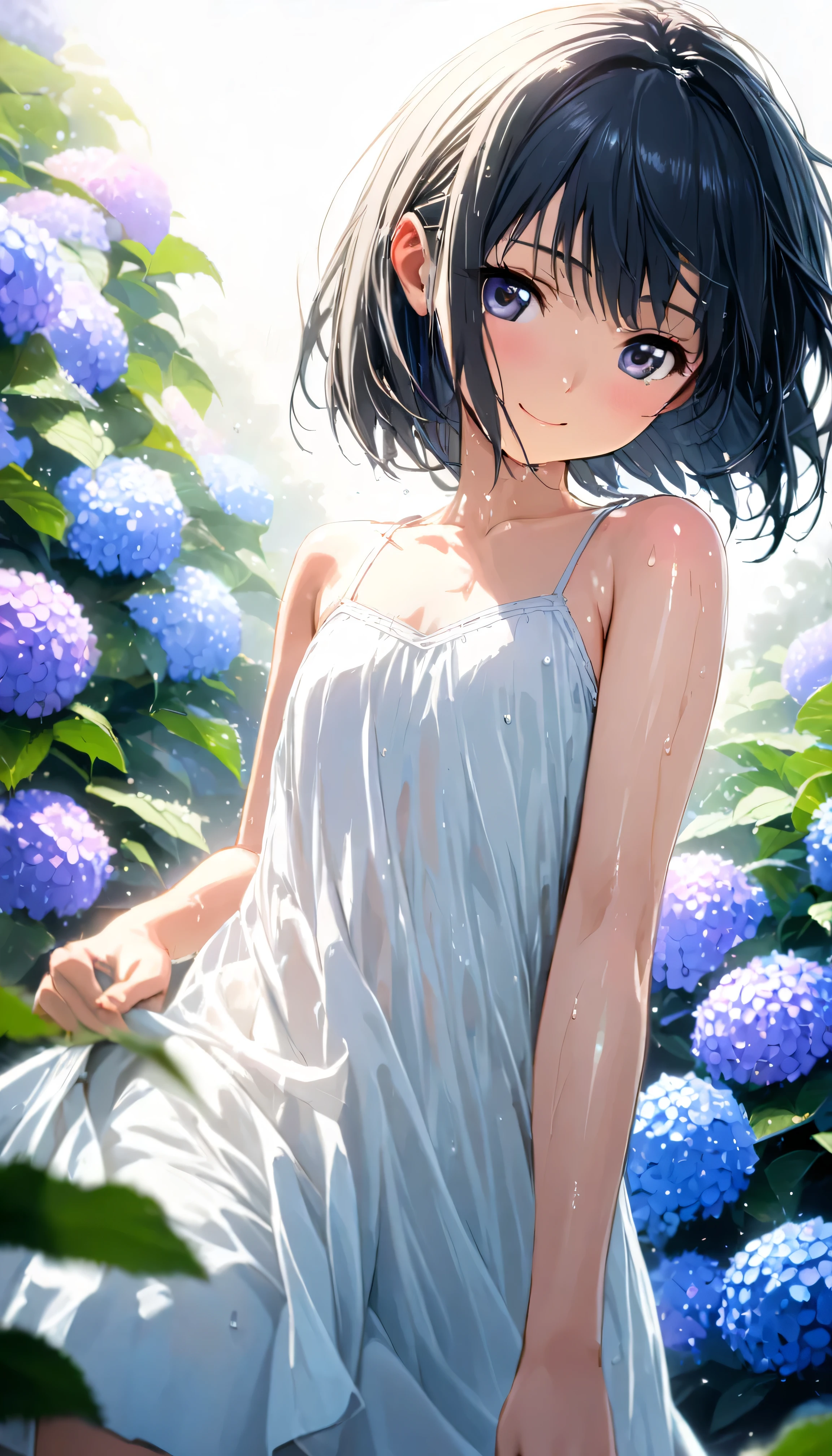 best quality,masterpiece,1girl,solo,(((9years old))),japanese girl,an extremely cute and beautiful girl,highly detailed beautiful face and eyes,petit,cute face,lovely face,baby face,shy smile,show teeth,black hair,medium short hair,flat chest,Hairless pussy,nipples sticking out on the dress,no bra,no panties,skinny,slender,(((wearing a wet white Transparent mini baby doll dress))),(((standing in a flower garden))),she is looking at the viewer,(((lift dress above the waist)))