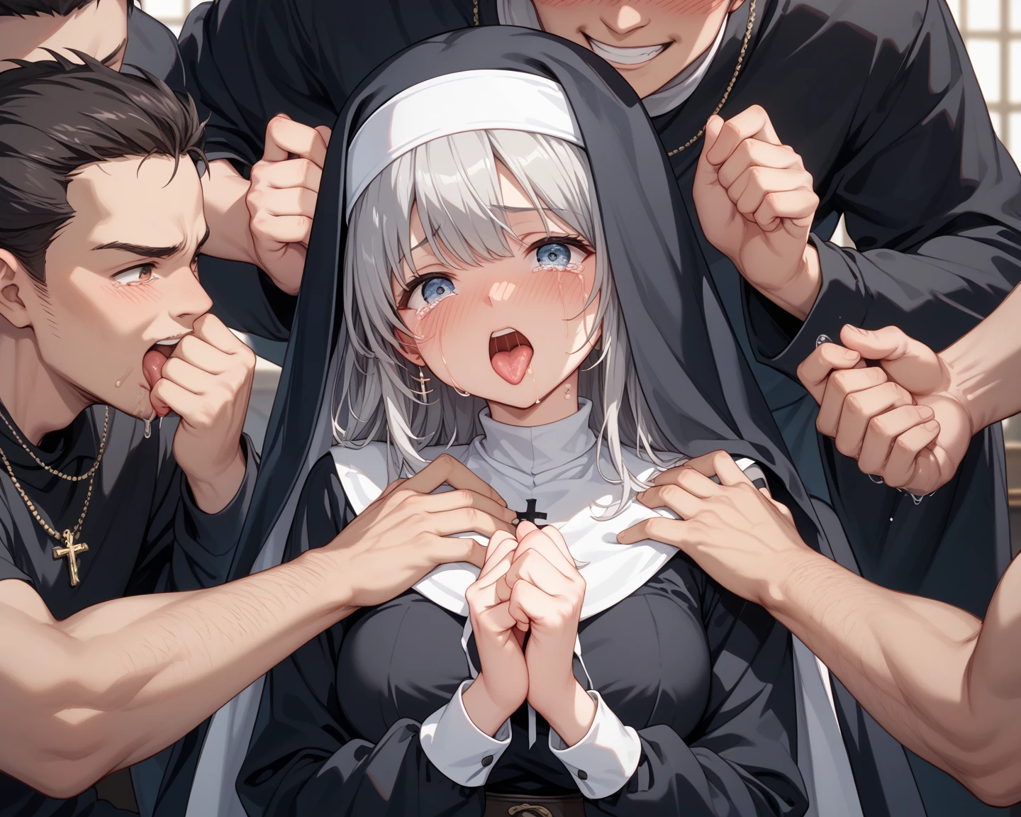 a nun, BDSM, White hair, black red eyes, semi nude, Sex, cum on face, astonishment