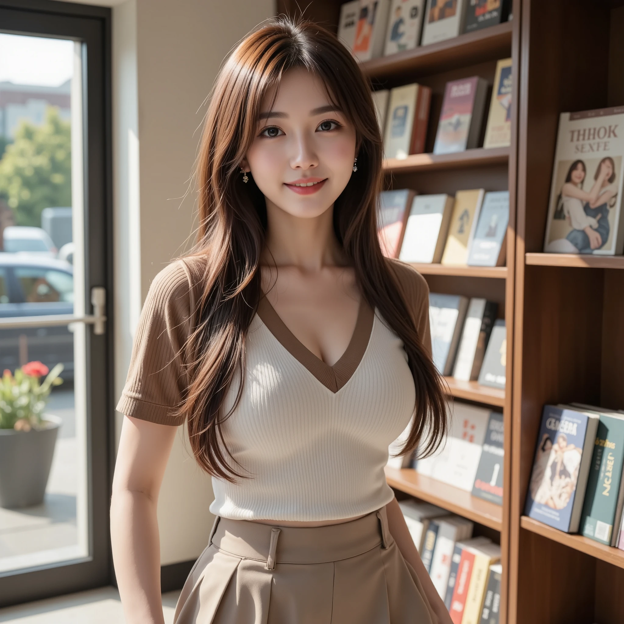 1 Girl,bookshops,Soft Light,Chinese Beauty,Tank top,Pleated Skirt,Sexy,Long hair