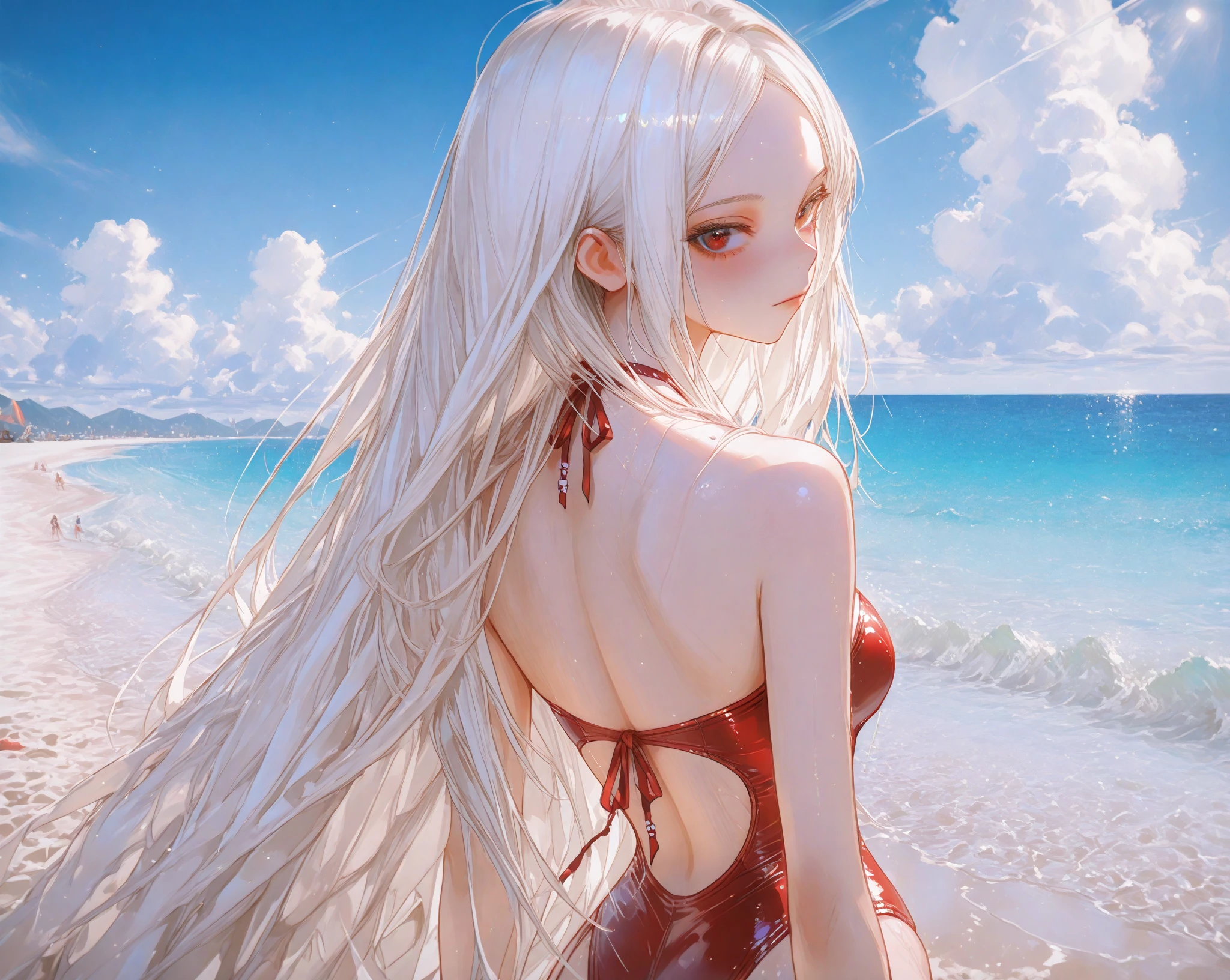 Long white hair, Red eyes, Wear a red swimsuit, Plump body, An anime character, Only one person,sentado na praia,Looking at the seaside