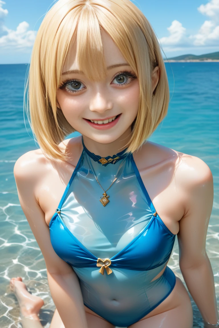 One person Russia Flat Chest Small breasts thin Coastal (Brown Skin:2)(Completely naked:1.5) Wet body (Bright smile:2) whole body beauty High resolution High precision (Pro-blonde hair:2) Detailed skin blue eyes Detailed face smile (Bobcut) Trim your bangs Wolf ears Spread your legs