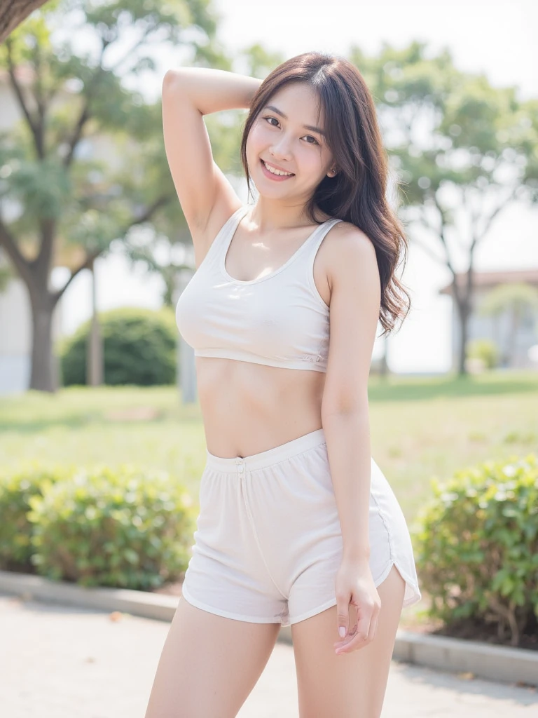 Open mouth and laugh out loud., 1 girl, a beautiful young woman, large breasts,,Best Quality, Against the background of the beautiful scenery in the quiet forest,Masterpiece, Ultra High Resolution, (Realism: 1.4), Original Photo, 1Girl, I'm wearing a sports bra and white jeans., carefree,,, clinging, bright sunshine, photo realistic, a hard nipple, ,yoga pose,,yoga, On a yoga mat, glowy skin、(stretching,leaning forward,)、(Open your crotch)、、Make eye contact with the camera