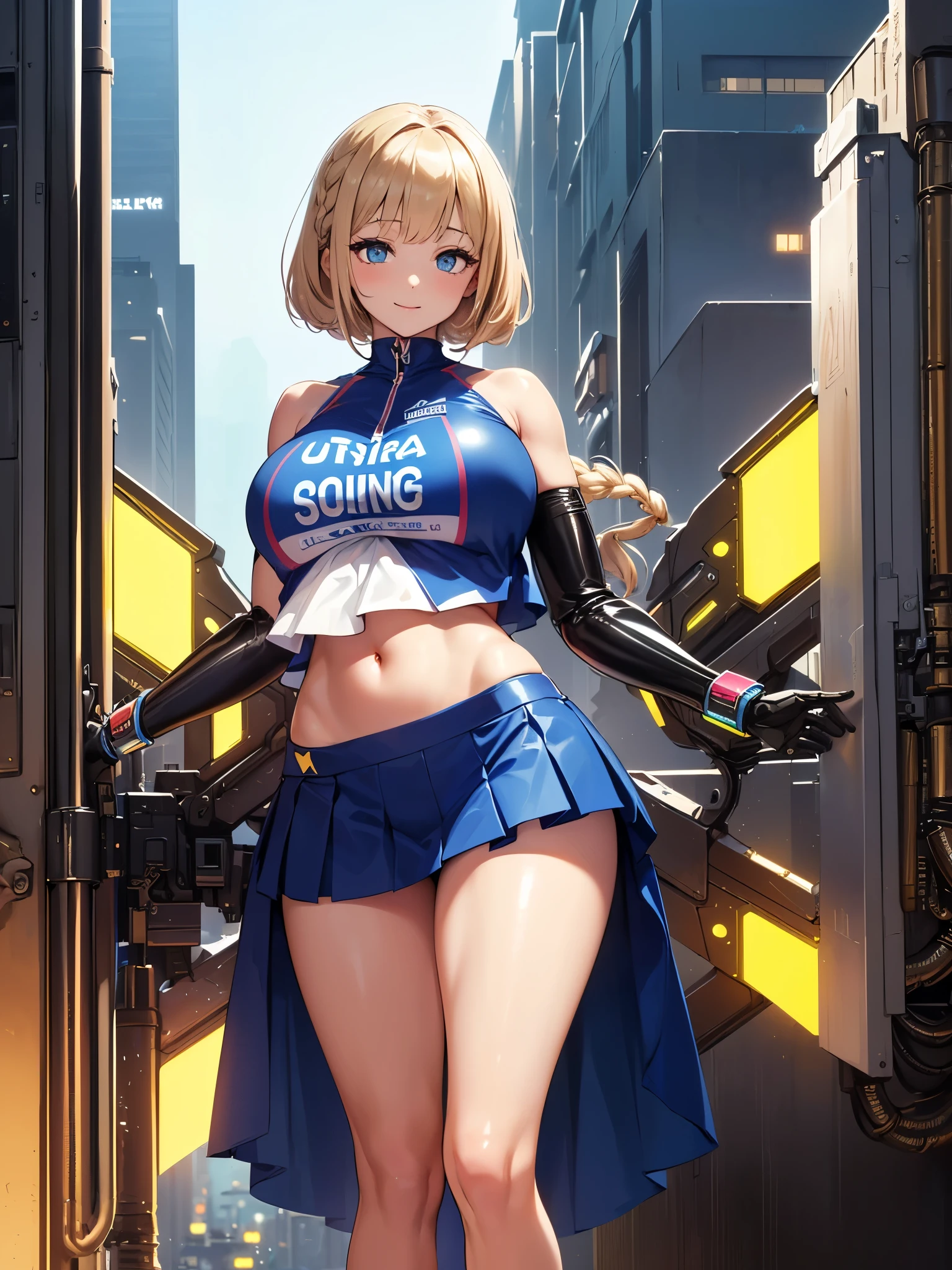 (((masterpiece))), (((best quality))), ((ultra-detailed)), (illustration), ((an extremely delicate and beautiful)), ((super detail)), ((high resolution)), (((20 years old))), metallic cloth, (cheerleader), (android), delicate metal decorations, gleaming skin, shiny body, two legs, breast focus, (((tall))), slender legs, ((big round eyes)), cute eyes, drooping eyes, ((adult)), two hands, five fingers, no extra hands, elegant smile, braid, ((metallic blue)), (see-through), (dark blonde), (ultra-huge breasts), (shining brightly), outdoor, mini skirt, daytime, ((biopunk)), ((hair shorter than shoulder)), medium length hair, gynoid,
