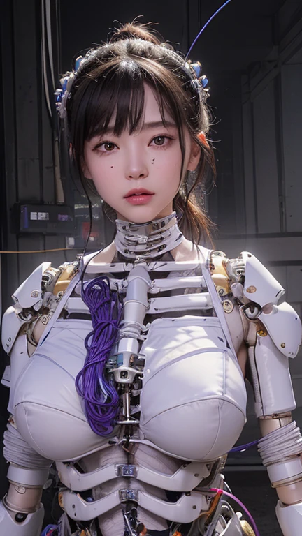 Top Quality, Masterpiece, Ultra High Resolution, (Photorealistic: 1.4), Raw Photo, 1 Girl, Black Hair, Glossy Skin, 1 Mechanical Girl, (Ultra Realistic Details)), Portrait, Global Illumination, Shadows, Octane Rendering, 8K, Ultra Sharp, Glossy Skin, Realistic Skin, Big, Cleavage Exposed Raw Skin, Metal, Intricate Ornaments Details, crustacean details, very intricate details, realistic light, CGSoation trend, purple eyes, glowing eyes, facing the camera, neon details, mechanical limbs, blood vessels connected to tubes, mechanical vertebrae attached to the back, mechanical cervical attachment to the neck, sitting, wires and cables connecting to the head, analog meters, pressure gauges, vacuum tubes, gears, Small LED lamp, background is a futuristic server room,